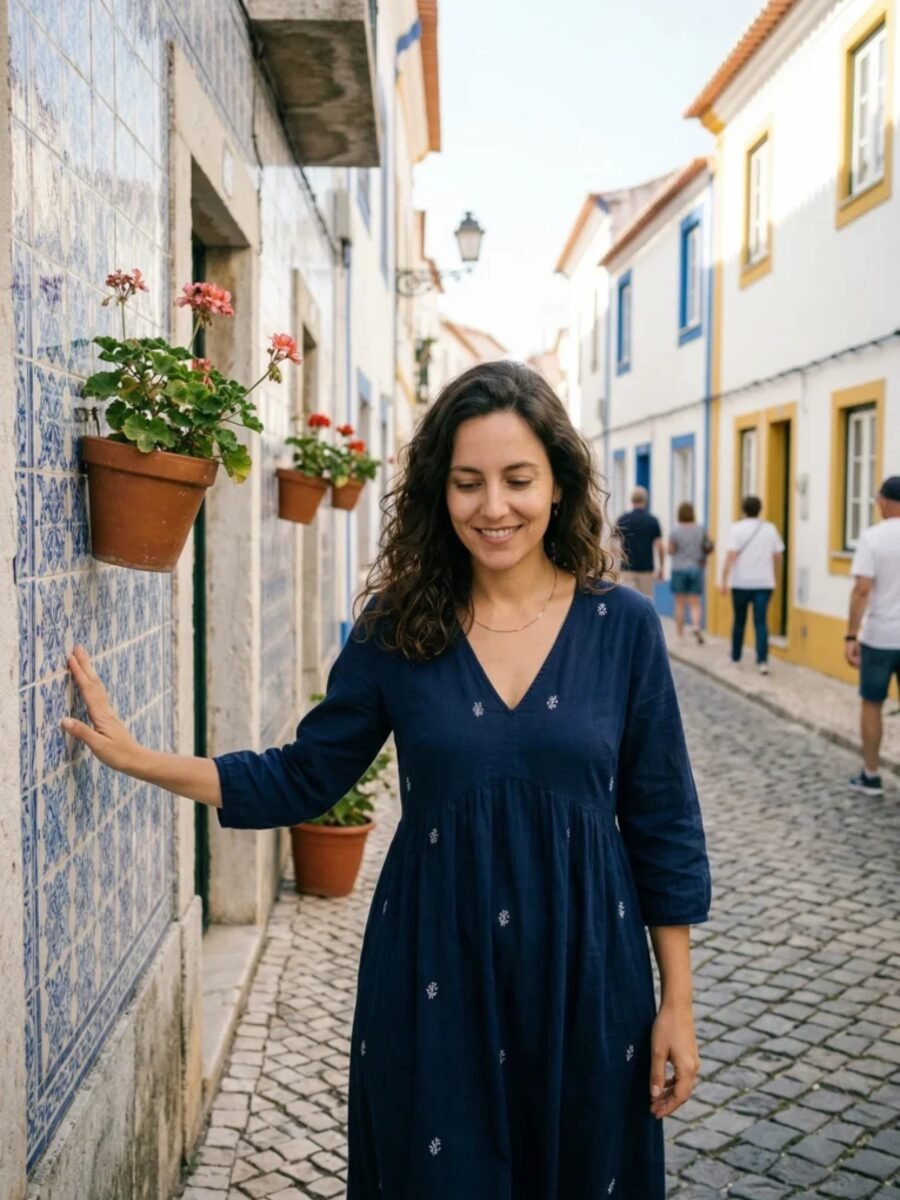 Sofia Almeida walking beside Portuguese azulejo tiles