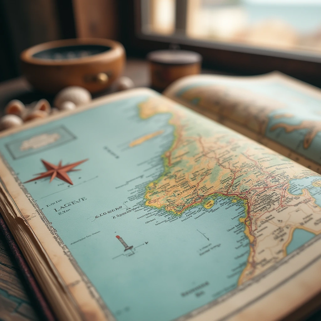 Close-up of a Portugal travel guide book open to a map of the Algarve, with a compass and seashells