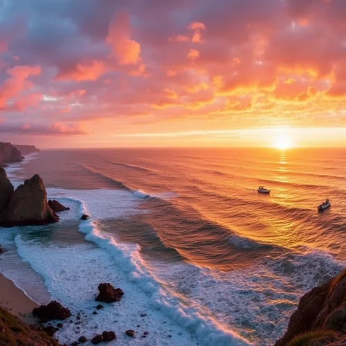 Panoramic sunset view of Ericeira coastline, with dramatic colors and rocky cliffs