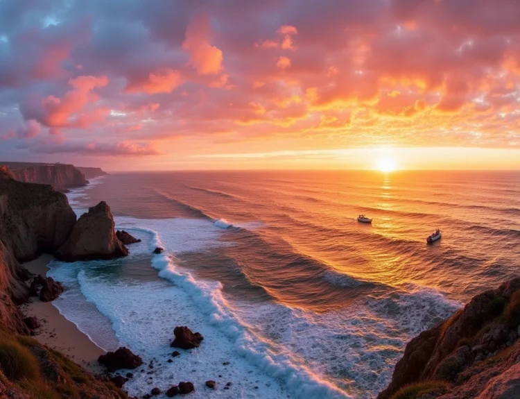 Panoramic sunset view of Ericeira coastline, with dramatic colors and rocky cliffs