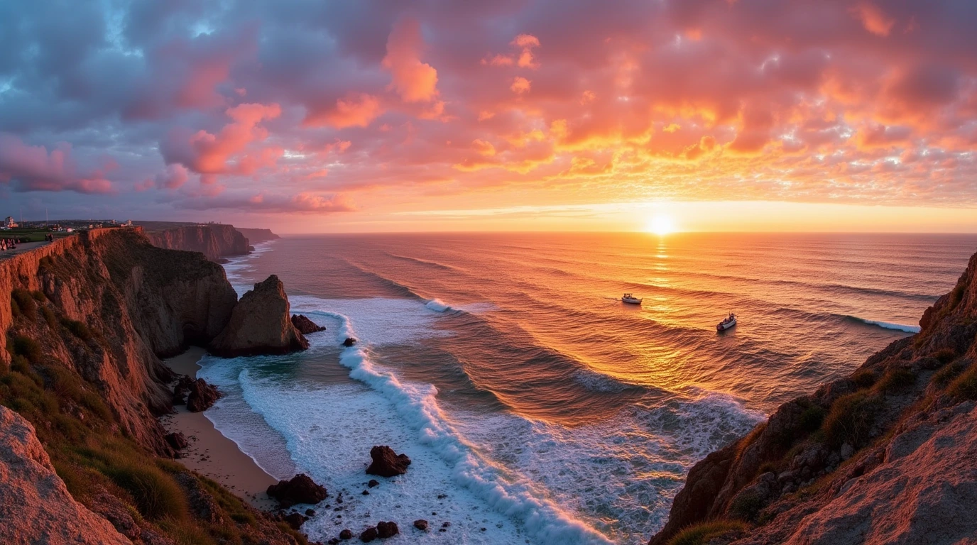 Panoramic sunset view of Ericeira coastline, with dramatic colors and rocky cliffs