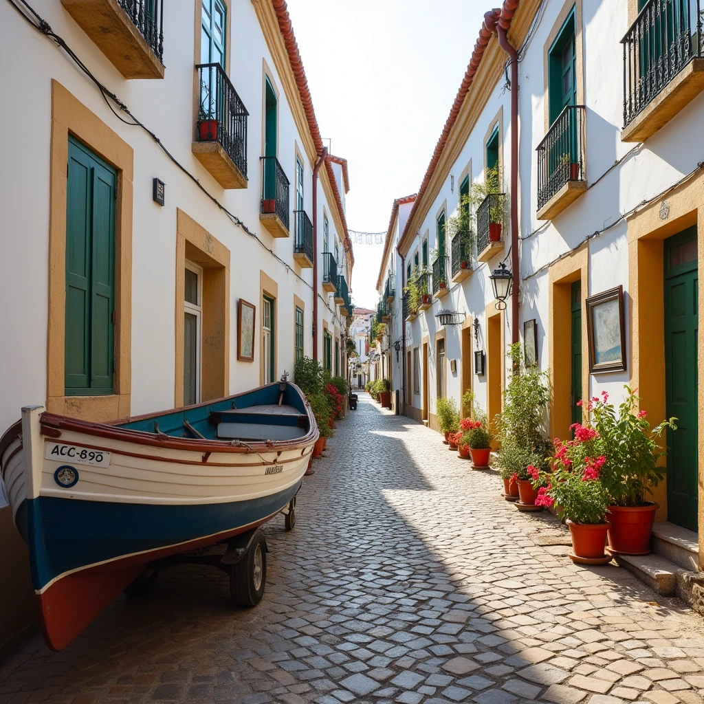 Charming cobbled street in Ericeira's old town with white buildings, colorful windows, and a fishing boat