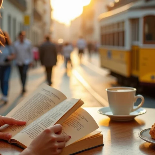 Open Portugal travel guide book on a café table in Lisbon, with coffee and a pastel de nata