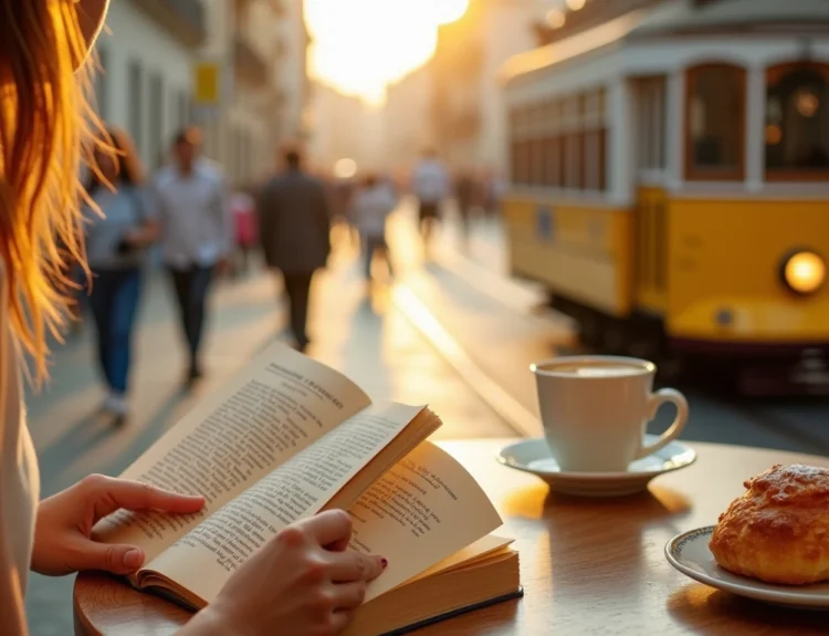 Open Portugal travel guide book on a café table in Lisbon, with coffee and a pastel de nata