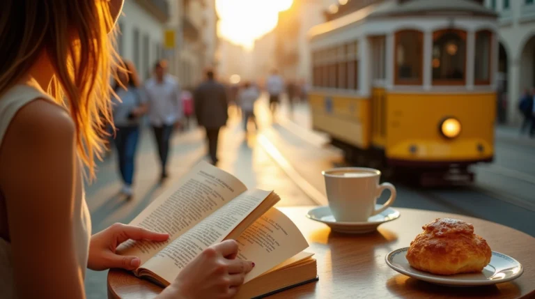 Open Portugal travel guide book on a café table in Lisbon, with coffee and a pastel de nata