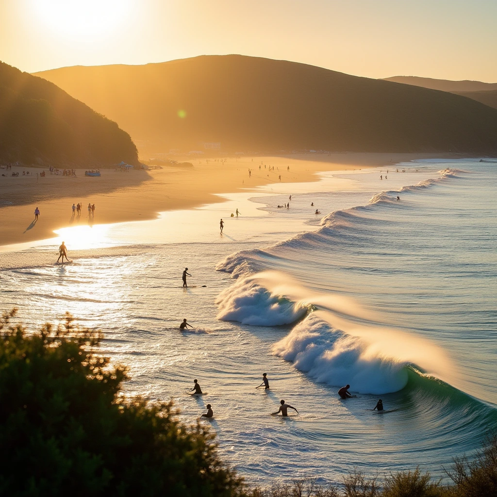 Surfers riding waves at Praia de Ribeira d'Ilhas in Ericeira, Portugal, during a golden sunset