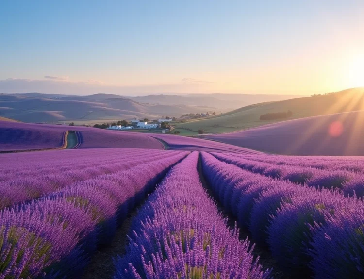 Panoramic view of purple lavender fields in Alentejo, Portugal. alfazema alentejo campo de flores em portugal