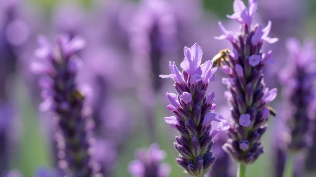 Close-up of purple alfazema flowers with bees collecting nectar