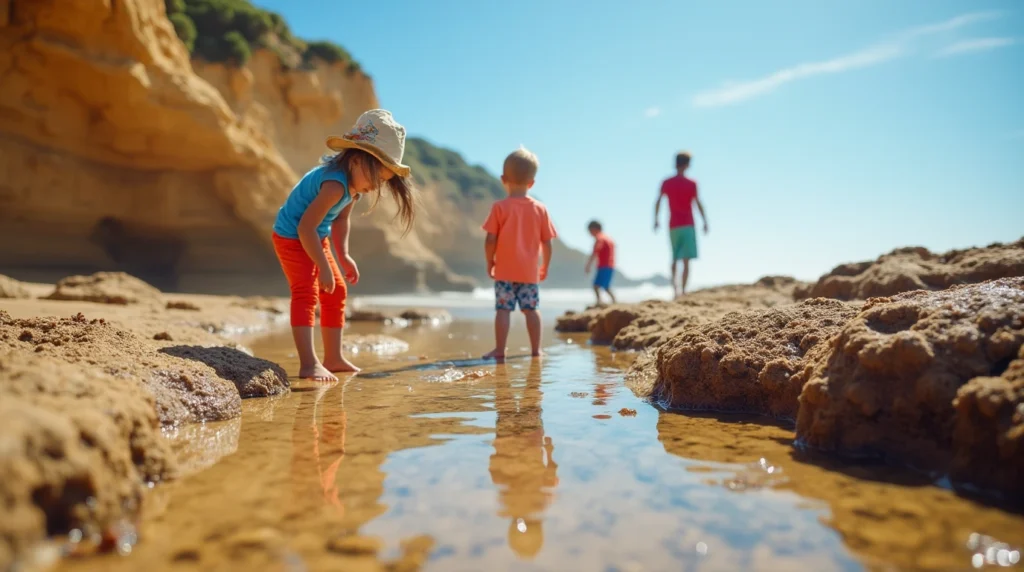 Family exploring rock pools on Algarve beach at low tide