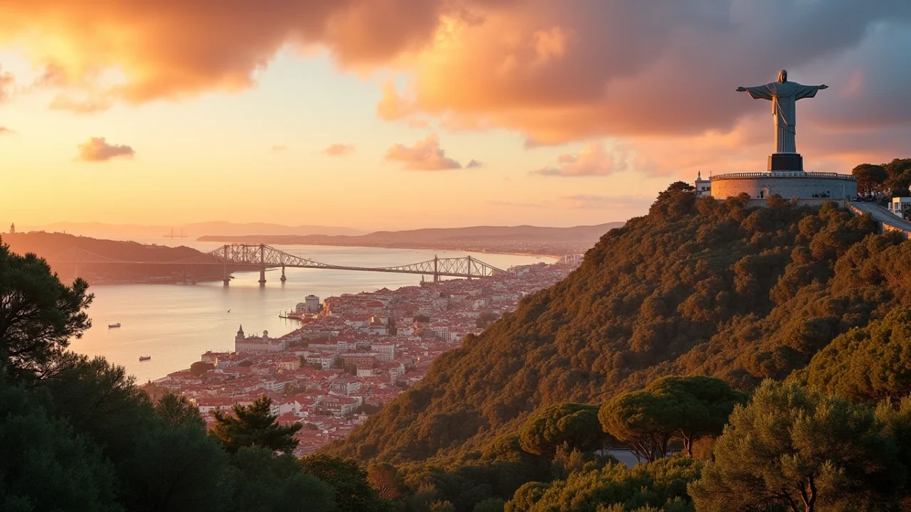 Panoramic sunset view of Almada, Portugal, with the Cristo Rei statue and Lisbon skyline