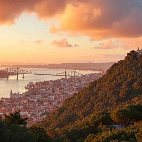 Panoramic sunset view of Almada, Portugal, with the Cristo Rei statue and Lisbon skyline