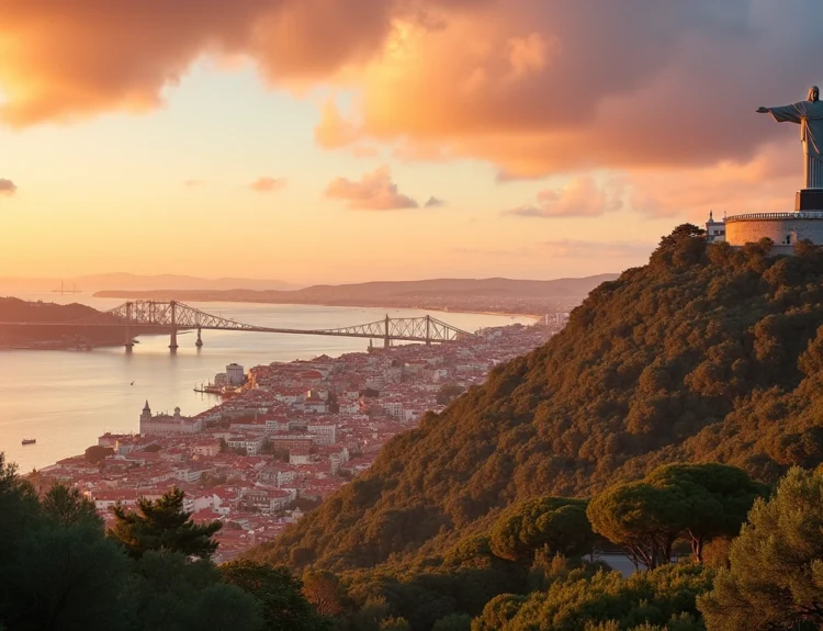 Panoramic sunset view of Almada, Portugal, with the Cristo Rei statue and Lisbon skyline