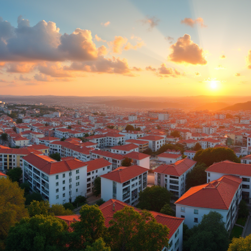 Panoramic sunset view of Amadora, Portugal, blending modern and green spaces