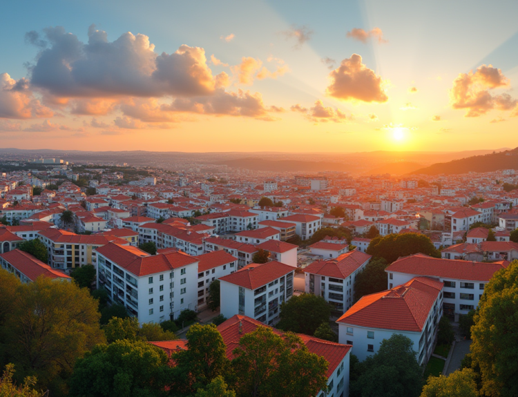 Panoramic sunset view of Amadora, Portugal, blending modern and green spaces