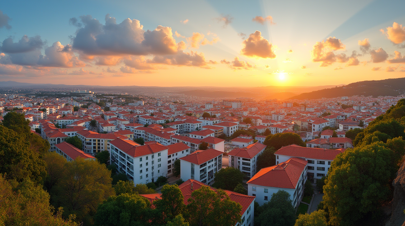 Panoramic sunset view of Amadora, Portugal, blending modern and green spaces