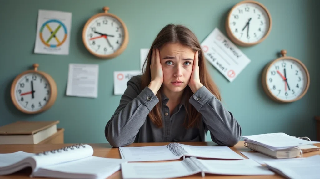 Student stressed by organizing master's degree application documents with clock warnings