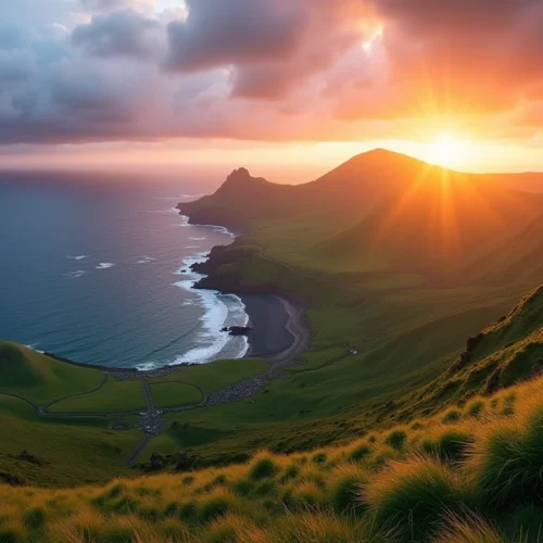 Stunning sunset panorama of the Azores Islands with volcanic peaks and lush green hills. azores vacation packages