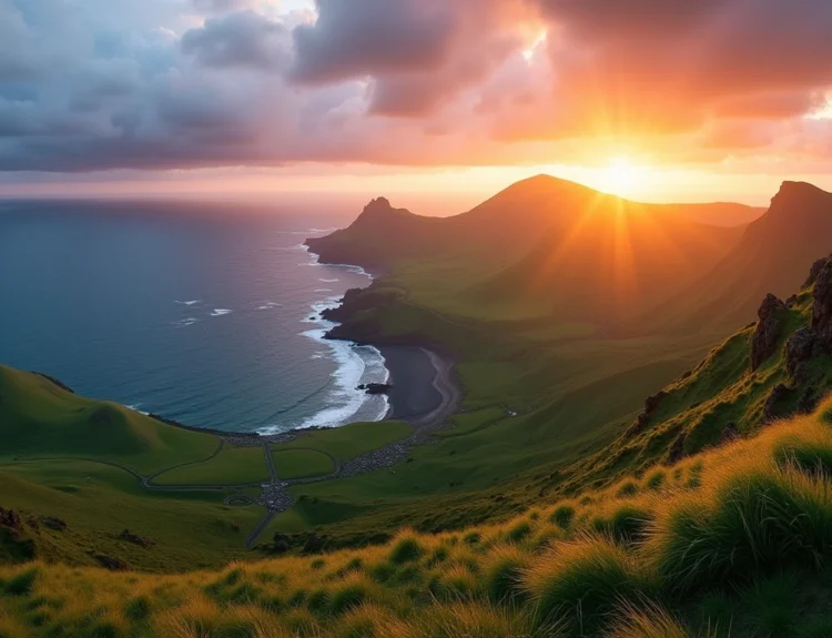 Stunning sunset panorama of the Azores Islands with volcanic peaks and lush green hills. azores vacation packages