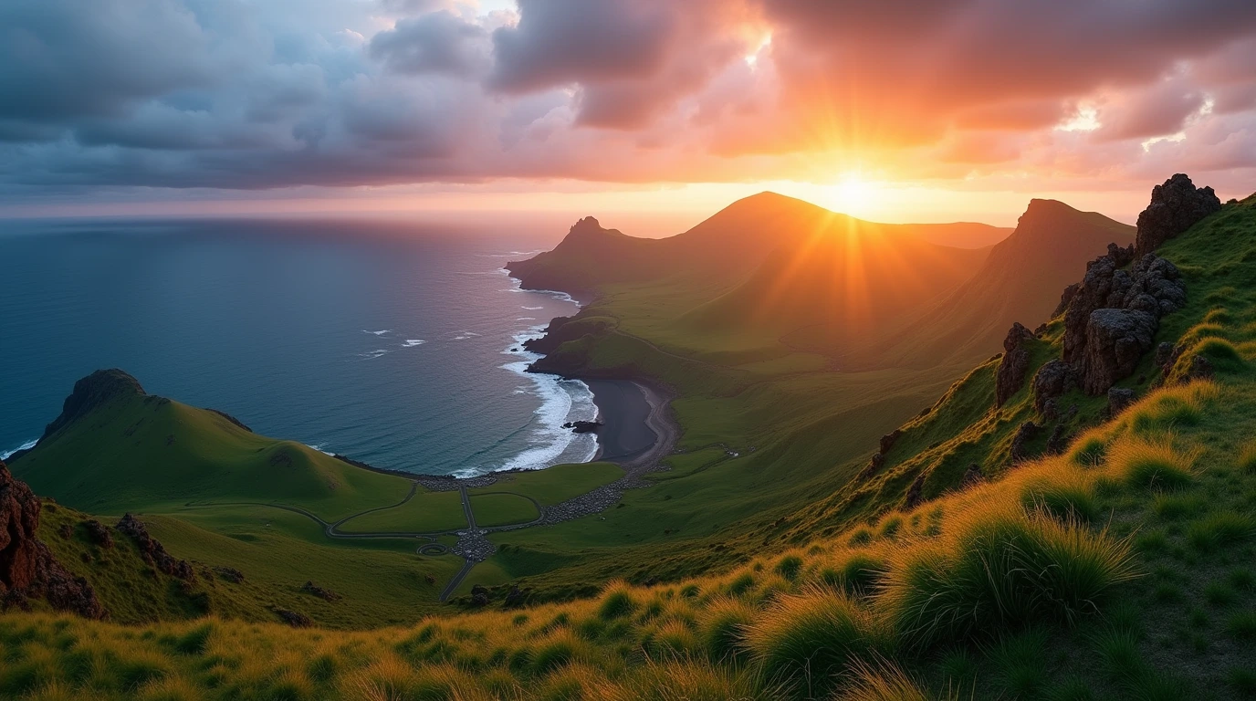 Stunning sunset panorama of the Azores Islands with volcanic peaks and lush green hills. azores vacation packages