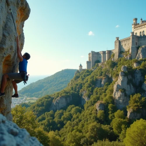 A climber reaches for a hold on a boulder in Sintra, with a castle in the background. outdoor bouldering near lisbon portugal.