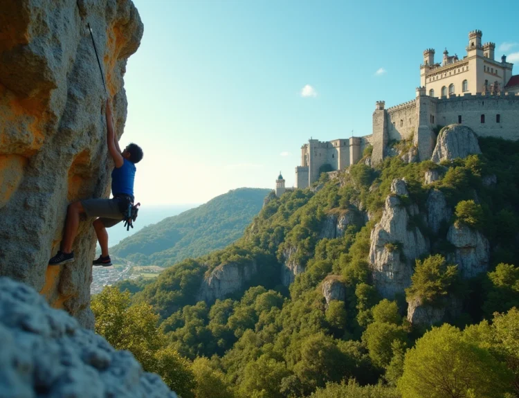 A climber reaches for a hold on a boulder in Sintra, with a castle in the background. outdoor bouldering near lisbon portugal.