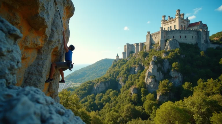 A climber reaches for a hold on a boulder in Sintra, with a castle in the background. outdoor bouldering near lisbon portugal.