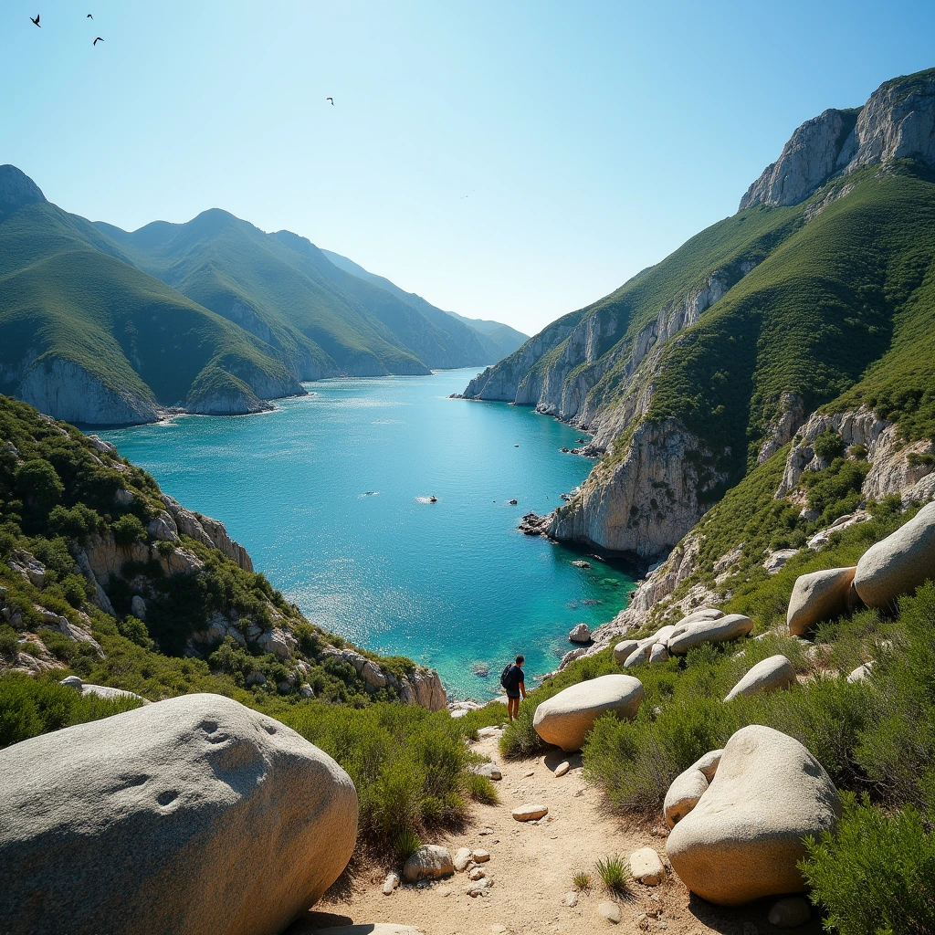 A climber on a boulder with a scenic view of the Arrabida Natural Park, with the ocean in the distance