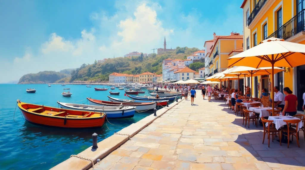 Vibrant scene at Cacilhas waterfront, Almada, with boats and outdoor dining