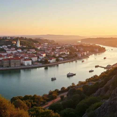 Panoramic sunset view of Caminha Portugal, where the River Minho meets the Atlantic