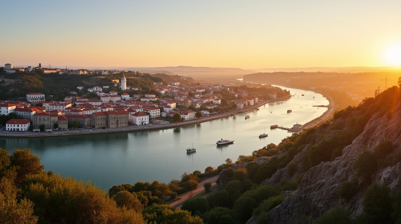 Panoramic sunset view of Caminha Portugal, where the River Minho meets the Atlantic