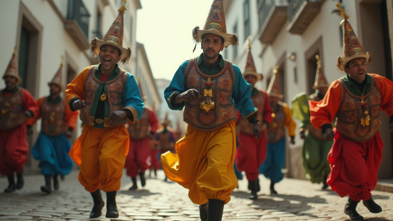 Caretos running through a village during Carnival in Northern Portugal. caretos of northern portugal