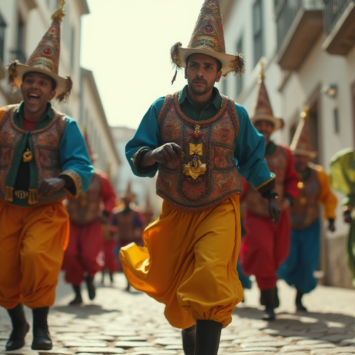 Caretos running through a village during Carnival in Northern Portugal. caretos of northern portugal