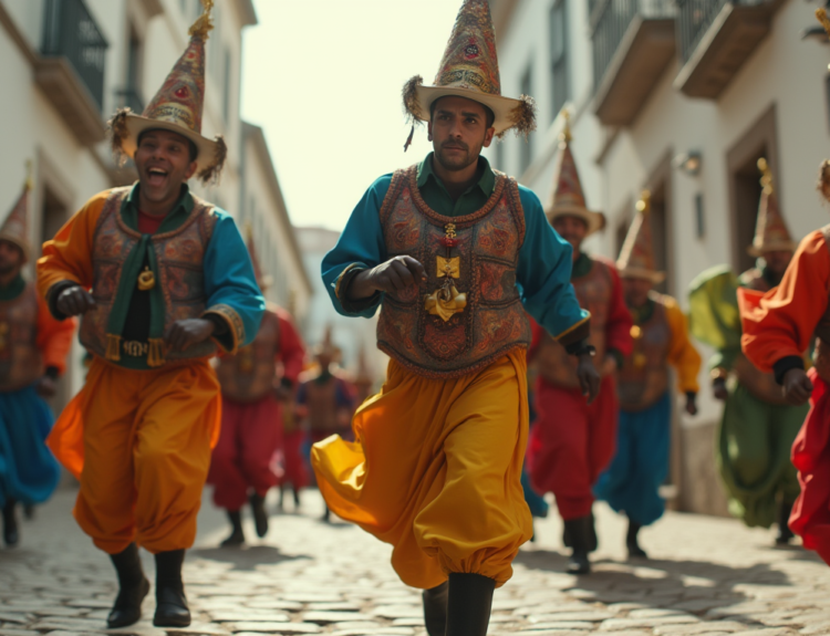 Caretos running through a village during Carnival in Northern Portugal. caretos of northern portugal