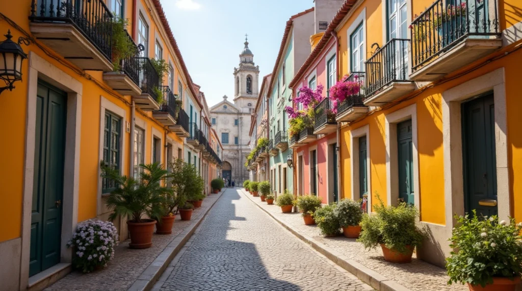 Charming cobblestone street in Cascais old town, with colorful buildings and a church