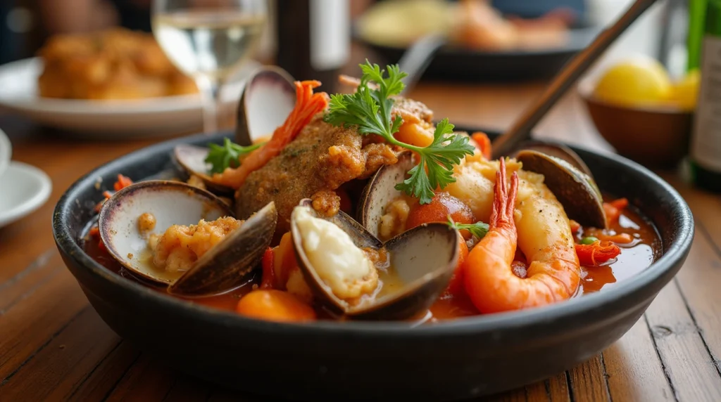 Close-up of a seafood Cataplana dish in Cascais, Portugal