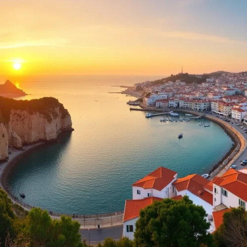 Panoramic sunset view of Cascais, Portugal, with cliffs, buildings, and harbor