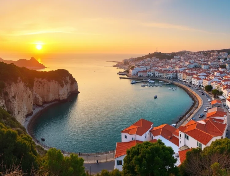 Panoramic sunset view of Cascais, Portugal, with cliffs, buildings, and harbor