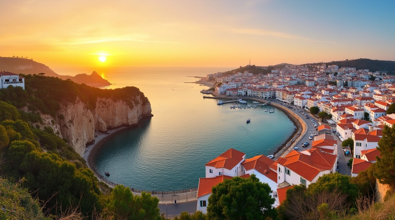 Panoramic sunset view of Cascais, Portugal, with cliffs, buildings, and harbor