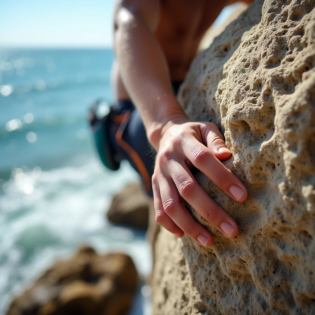 Close up of hands gripping a textured rock during a climb with the ocean in the background