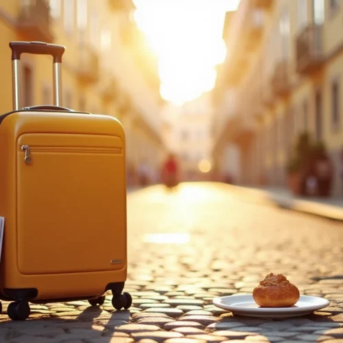 Travelite Basics suitcase on a cobblestone street in Lisbon, Portugal. travelite basics portugal