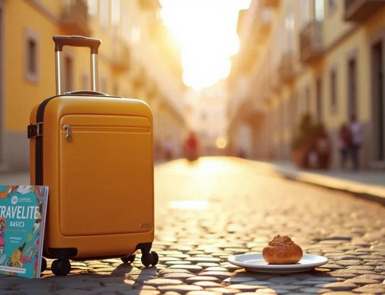 Travelite Basics suitcase on a cobblestone street in Lisbon, Portugal. travelite basics portugal