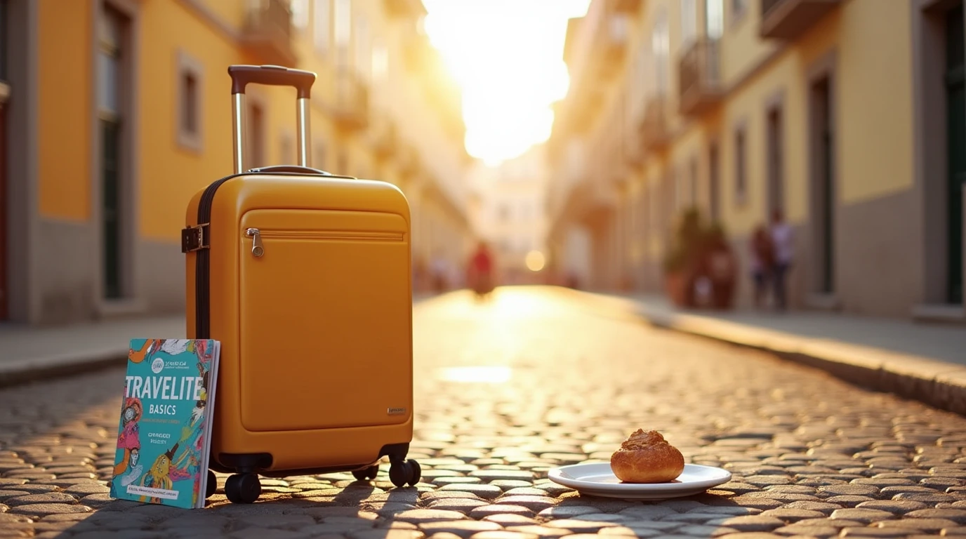 Travelite Basics suitcase on a cobblestone street in Lisbon, Portugal. travelite basics portugal