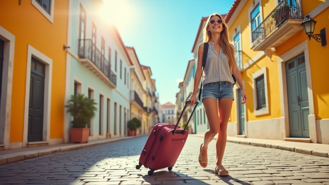 Person pulling a Travelite suitcase on a cobblestone street in Lisbon. travelite basics portugal