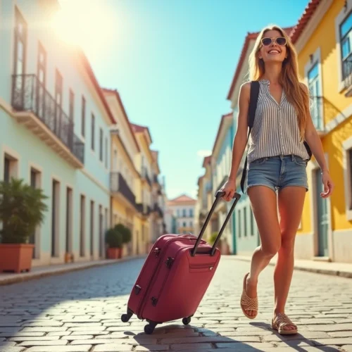 Person pulling a Travelite suitcase on a cobblestone street in Lisbon. travelite basics portugal