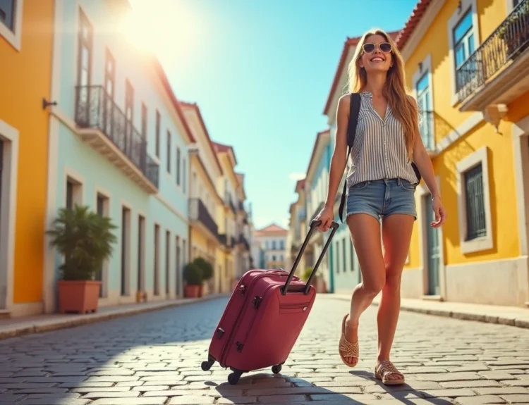 Person pulling a Travelite suitcase on a cobblestone street in Lisbon. travelite basics portugal