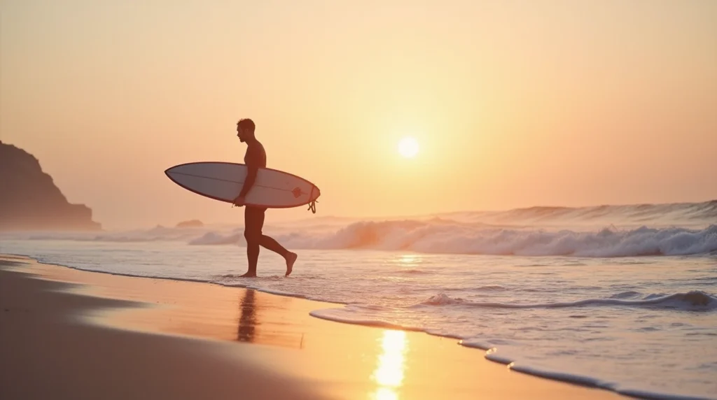 A surfer walks along a Portuguese beach at sunset, carrying their surfboard