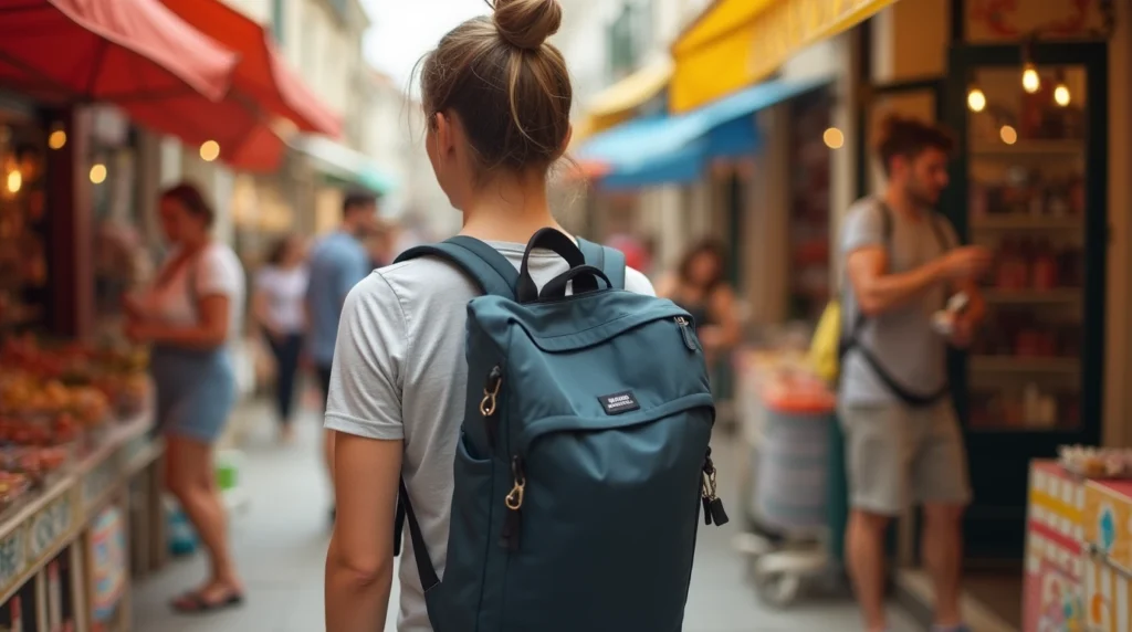 Traveler with Travelite Basics backpack in a Portuguese market