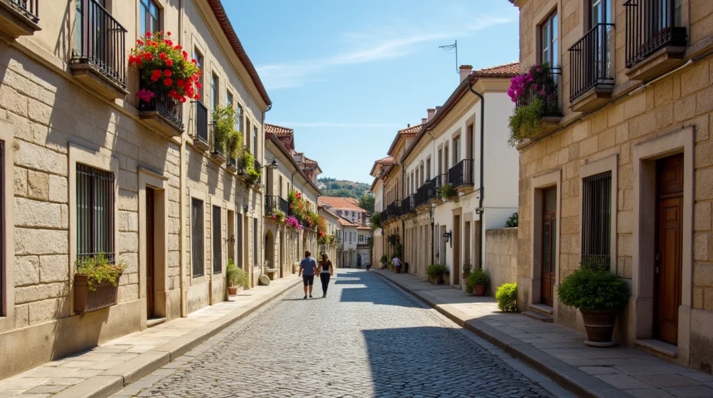 Cobbled street in Caminha's historic center with traditional buildings