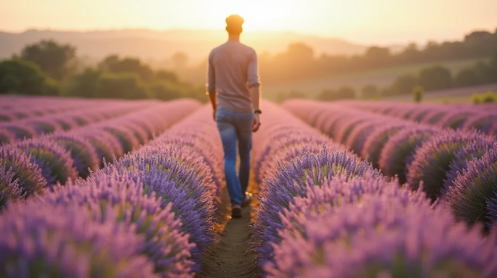 Person walking through lavender fields in Alentejo, Portugal