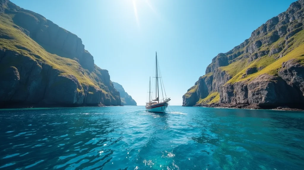 Boat sailing between two Azores islands with dramatic cliffs in the background